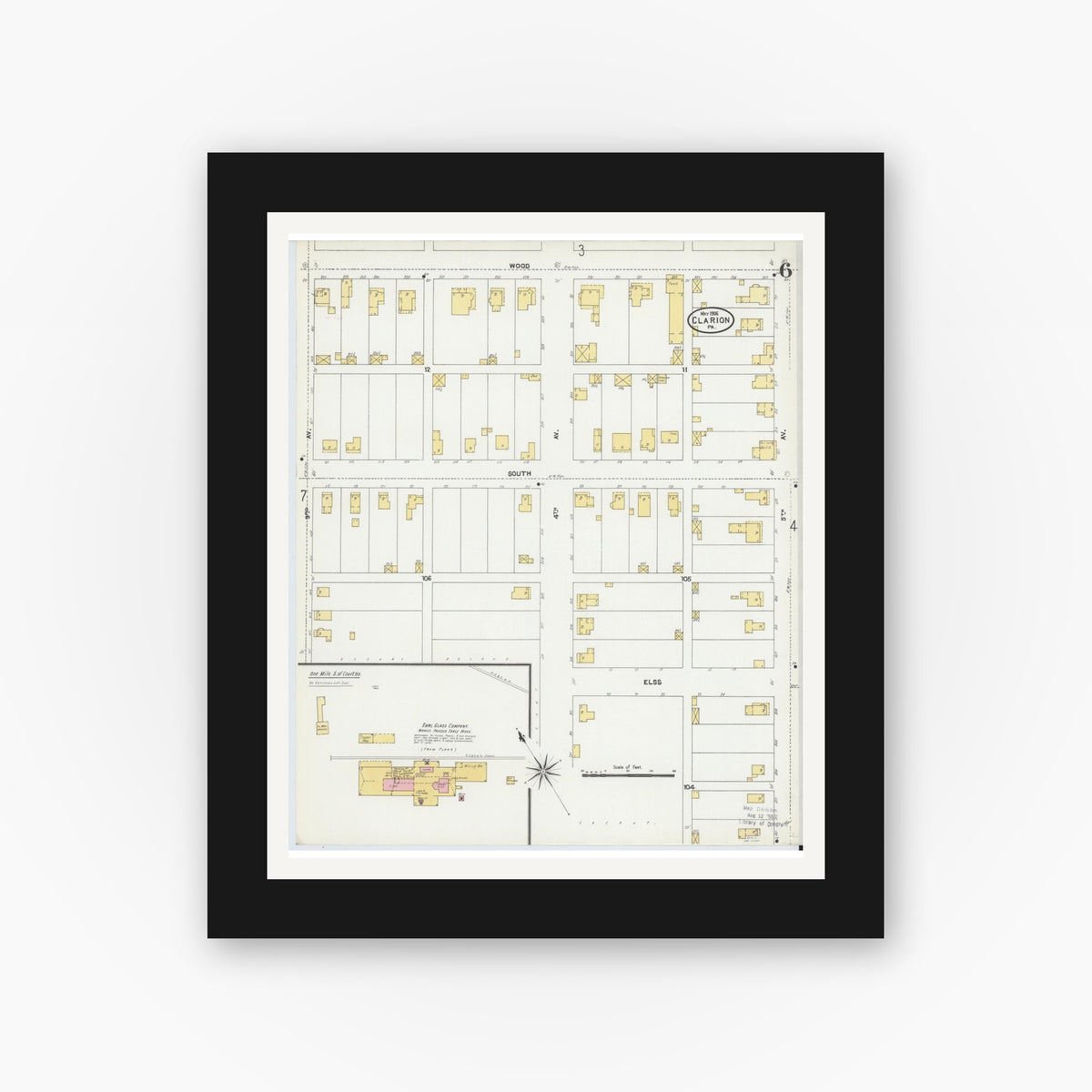 Old map wall art mockup — black gallery frame with white mat — Sanborn Fire Insurance Map from Clarion, Clarion County, Pennsylvania (1906), Sheet #0006