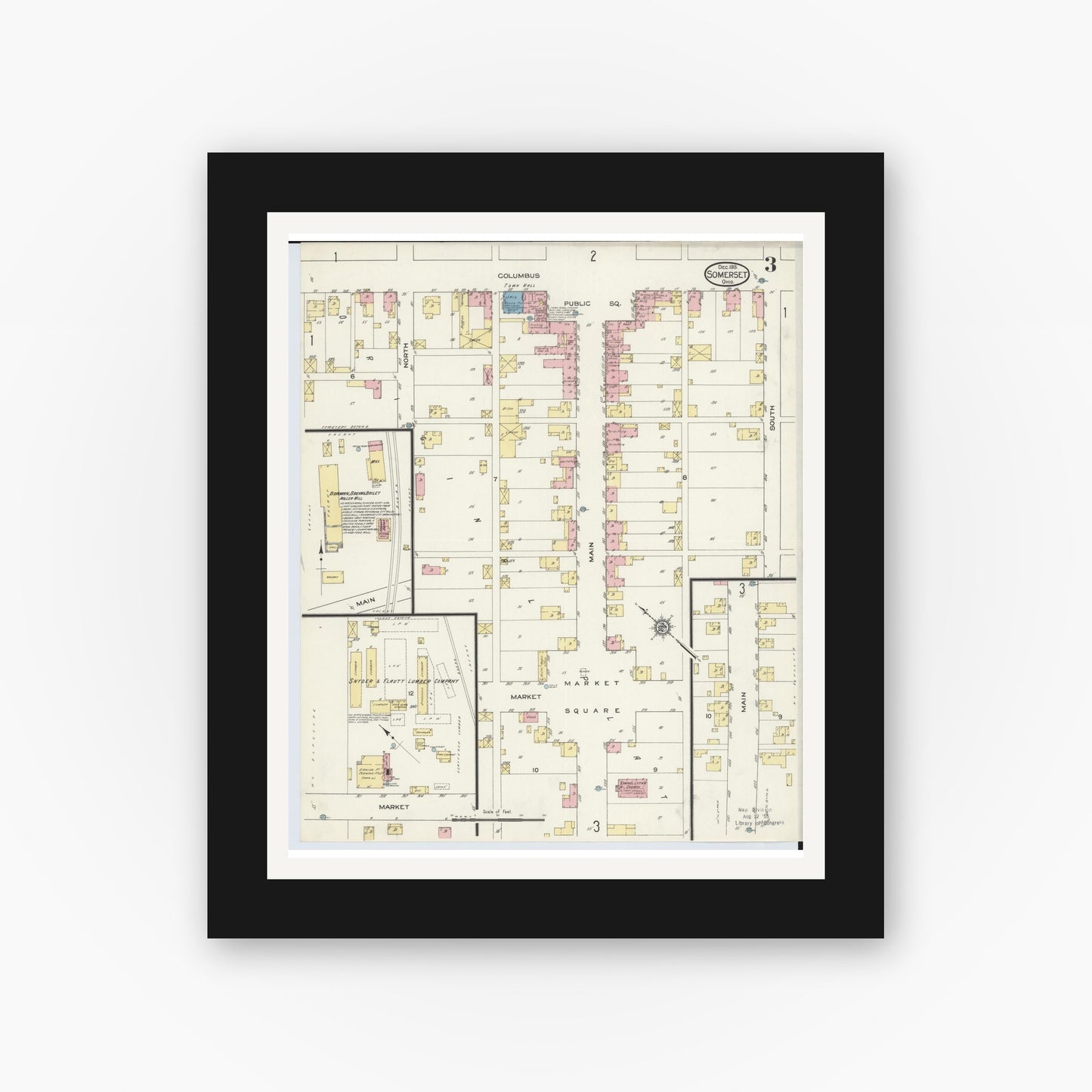 Old map wall art mockup — black gallery frame with white mat — Sanborn Fire Insurance Map from Somerset, Perry County, Ohio (1913), Sheet #0003