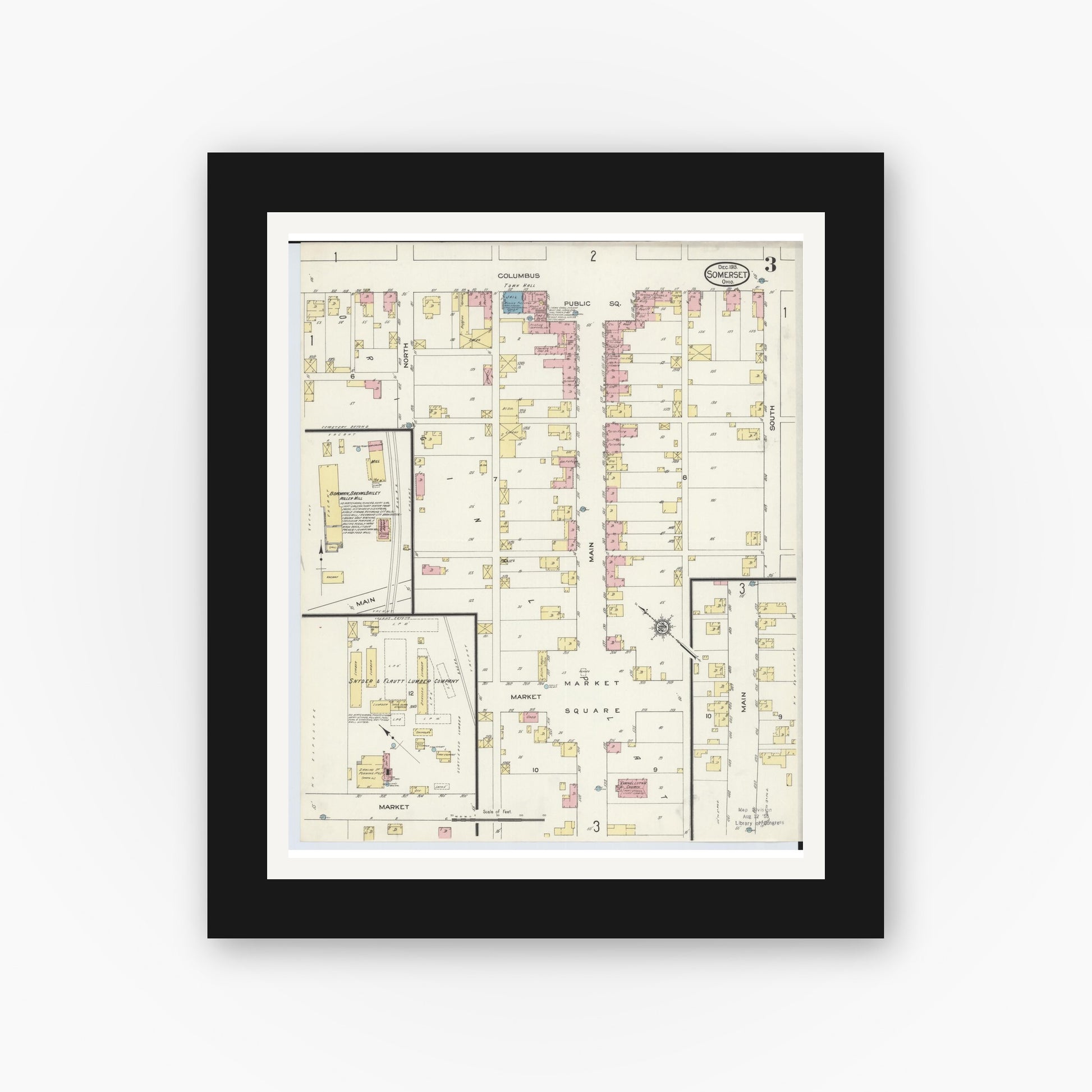 Old map wall art mockup — black gallery frame with white mat — Sanborn Fire Insurance Map from Somerset, Perry County, Ohio (1913), Sheet #0003