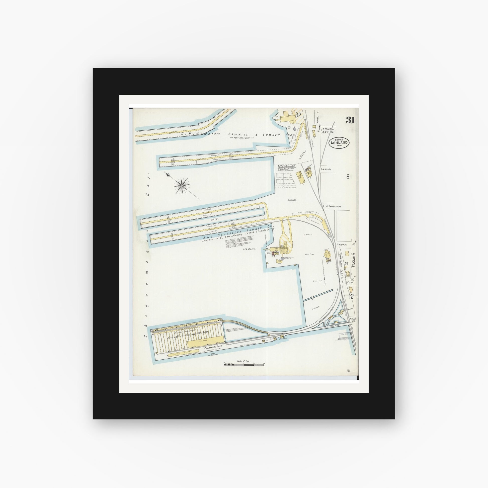 Old map wall art mockup — black gallery frame with white mat — Sanborn Fire Insurance Map from Ashland, Ashland County, Wisconsin (1901), Sheet #0031