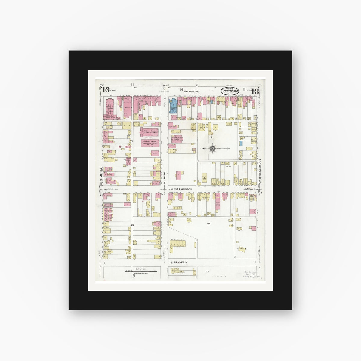 Old map wall art mockup — black gallery frame with white mat — Sanborn Fire Insurance Map from Gettysburg, Adams County, Pennsylvania (1924), Sheet #0013