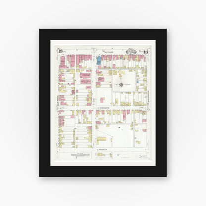 Old map wall art mockup — black gallery frame with white mat — Sanborn Fire Insurance Map from Gettysburg, Adams County, Pennsylvania (1924), Sheet #0013