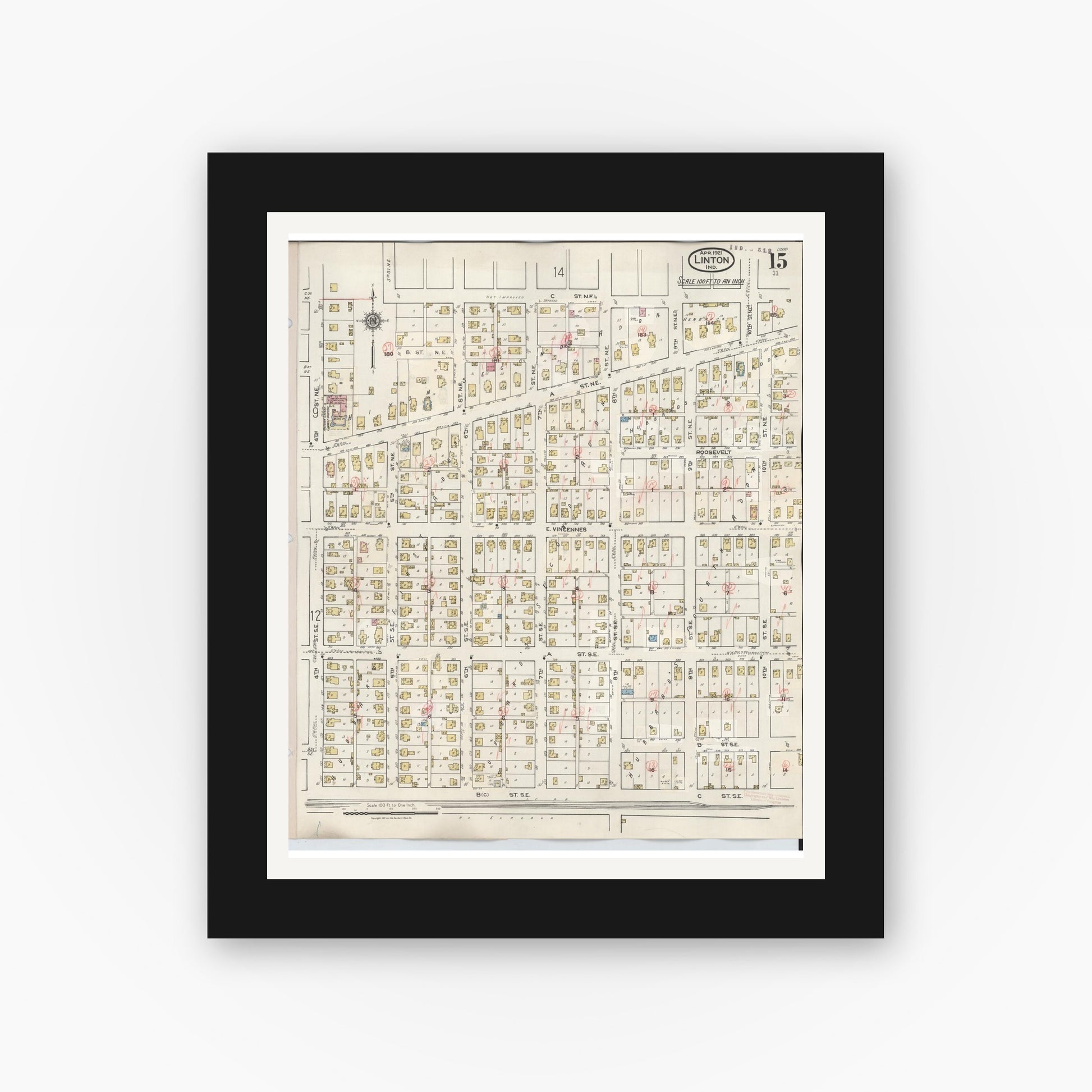 Old map wall art mockup — black gallery frame with white mat — Sanborn Fire Insurance Map from Linton, Greene County, Indiana (1948), Sheet #0015