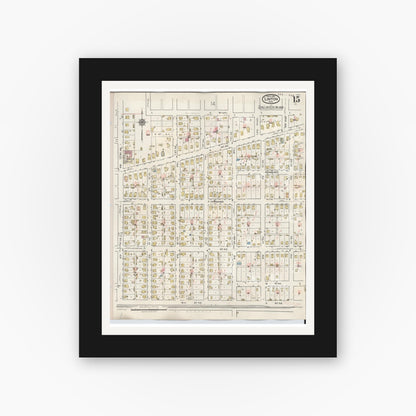 Old map wall art mockup — black gallery frame with white mat — Sanborn Fire Insurance Map from Linton, Greene County, Indiana (1948), Sheet #0015