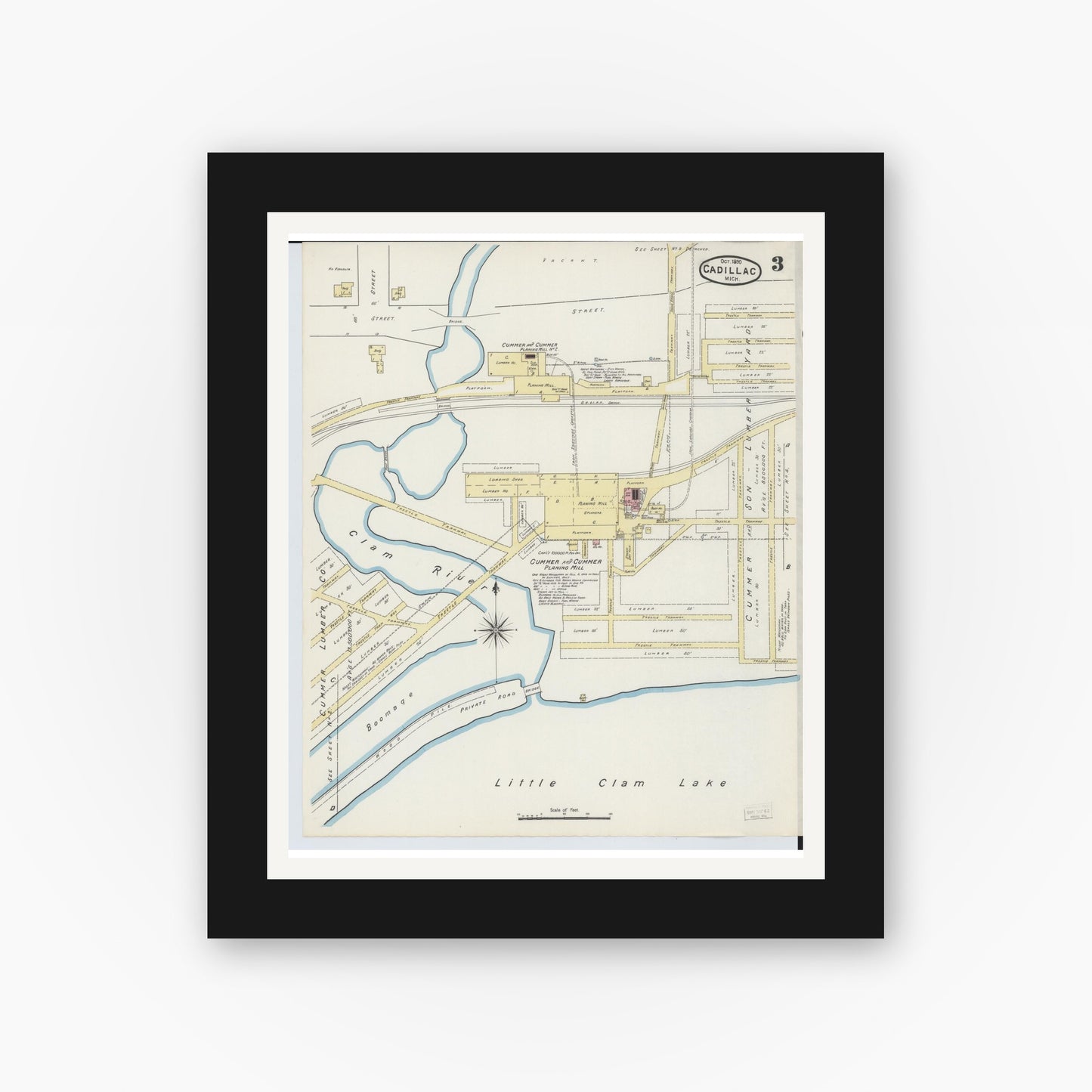 Old map wall art mockup — black gallery frame with white mat — Sanborn Fire Insurance Map from Cadillac, Wexford County, Michigan (1890), Sheet #0003
