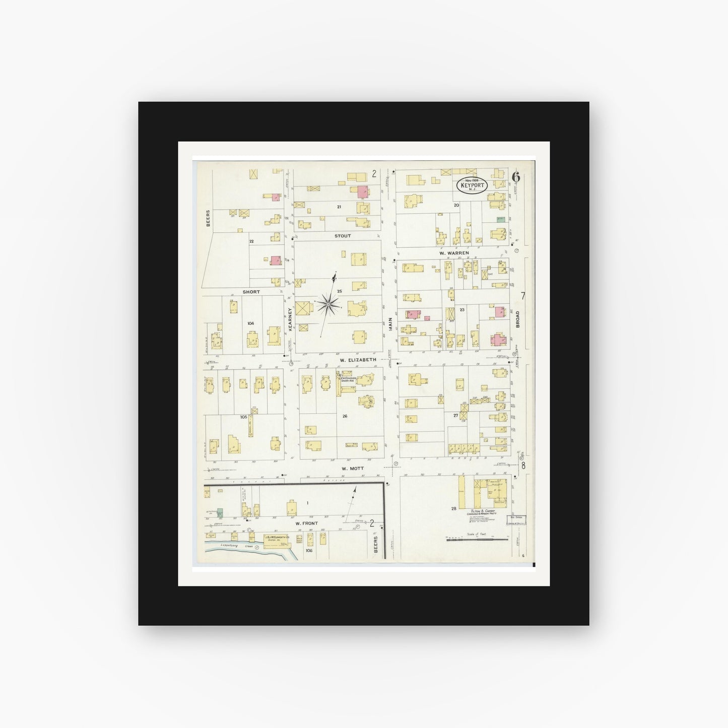 Old map wall art mockup — black gallery frame with white mat — Sanborn Fire Insurance Map from Keyport, Monmouth County, New Jersey (1908), Sheet #0006