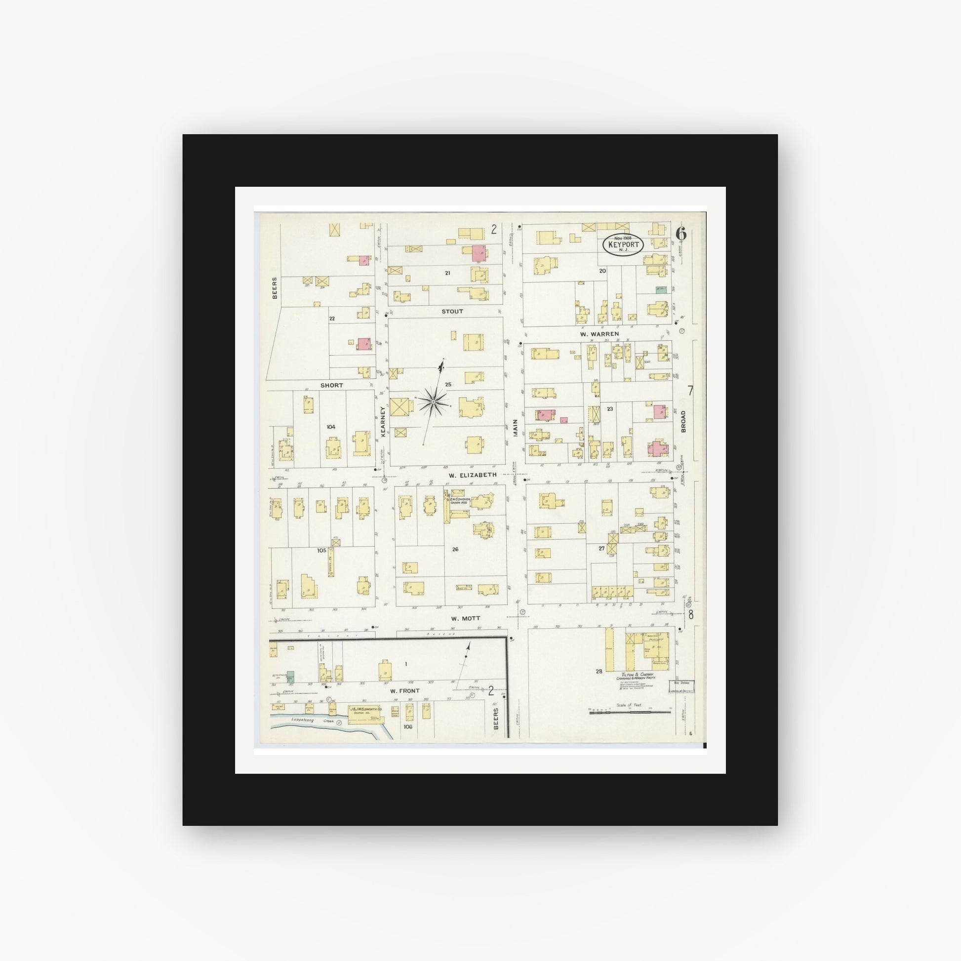 Old map wall art mockup — black gallery frame with white mat — Sanborn Fire Insurance Map from Keyport, Monmouth County, New Jersey (1908), Sheet #0006