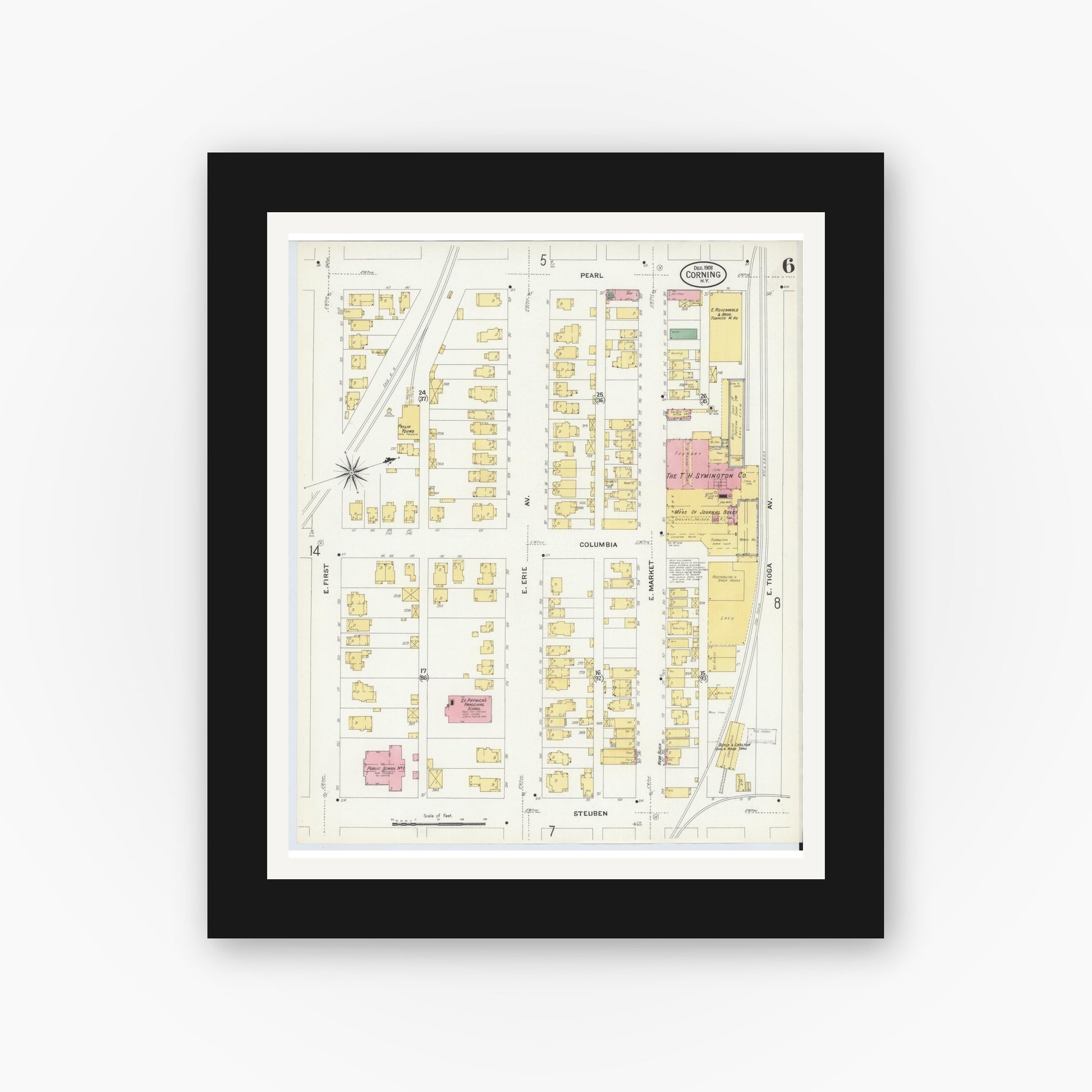 Old map wall art mockup — black gallery frame with white mat — Sanborn Fire Insurance Map from Corning, Steuben County, New York (1908), Sheet #0006