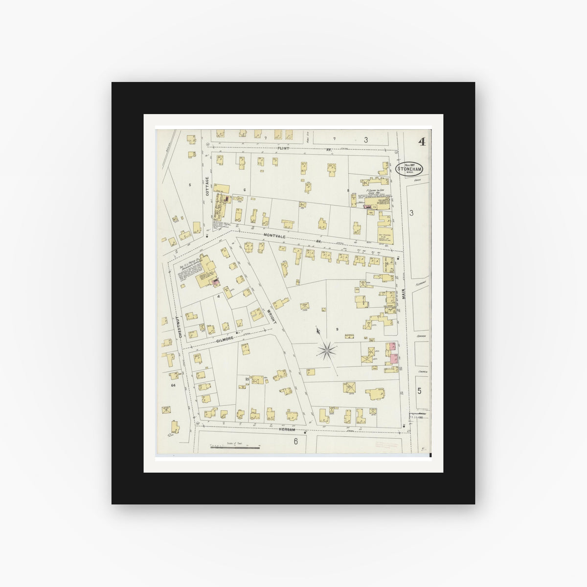 Old map wall art mockup — black gallery frame with white mat — Sanborn Fire Insurance Map from Stoneham, Middlesex County, Massachusetts (1897), Sheet #0004