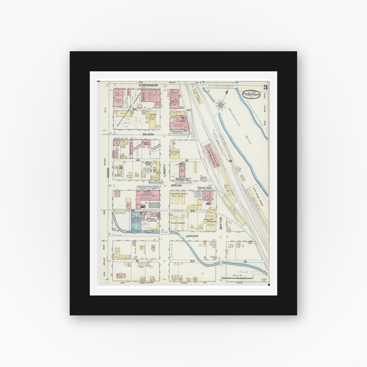 Old map wall art mockup — black gallery frame with white mat — Sanborn Fire Insurance Map from Freeport, Stephenson County, Illinois (1890), Sheet #0003