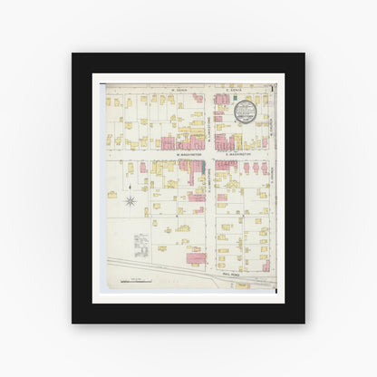 Old map wall art mockup — black gallery frame with white mat — Sanborn Fire Insurance Map from Jamestown, Greene County, Ohio (1893), Sheet #0001