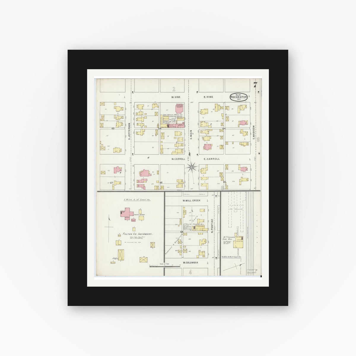Old map wall art mockup — black gallery frame with white mat — Sanborn Fire Insurance Map from Rochester, Fulton County, Indiana (1895), Sheet #0007