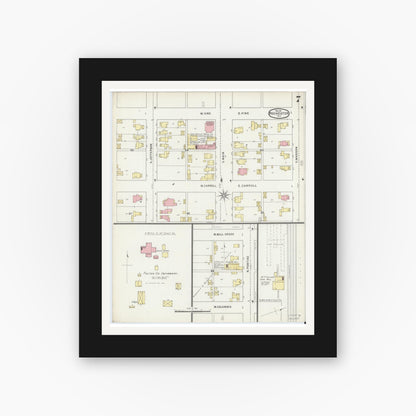 Old map wall art mockup — black gallery frame with white mat — Sanborn Fire Insurance Map from Rochester, Fulton County, Indiana (1895), Sheet #0007