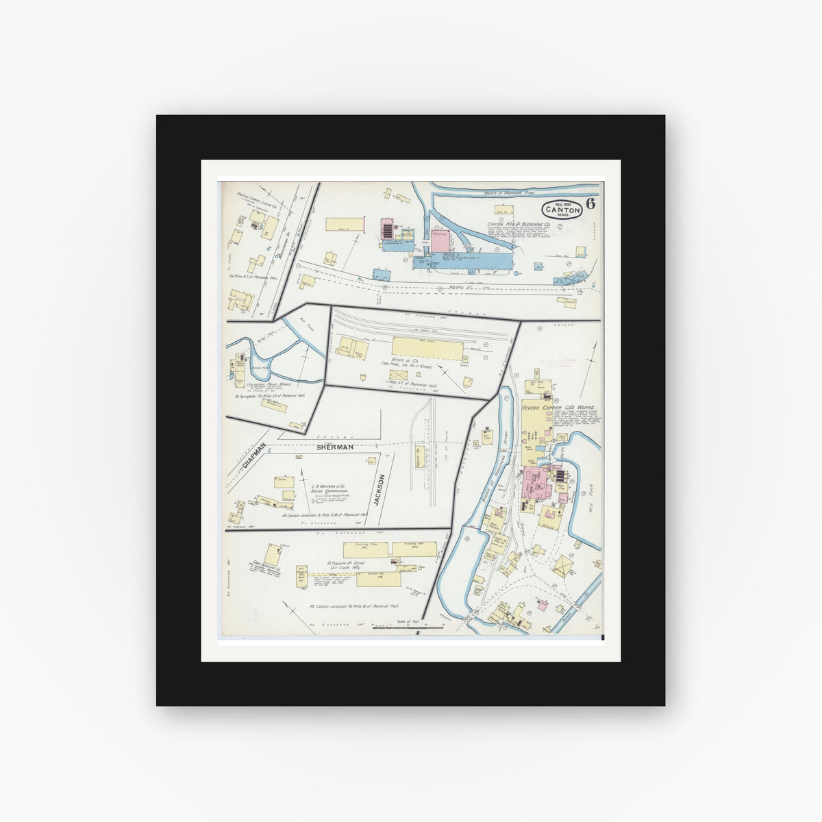 Old map wall art mockup — black gallery frame with white mat — Sanborn Fire Insurance Map from Canton, Norfolk County, Massachusetts (1891), Sheet #0006