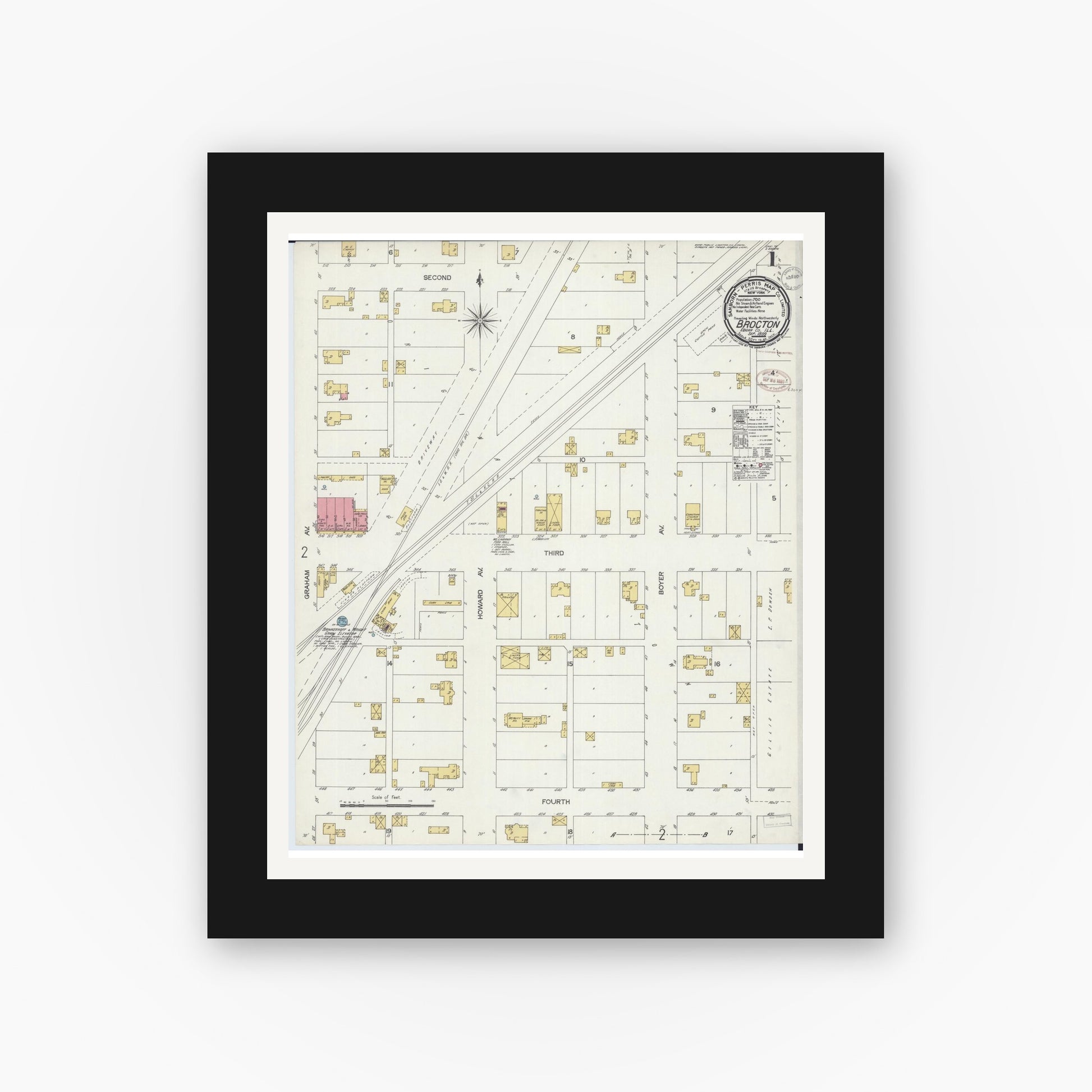 Old map wall art mockup — black gallery frame with white mat — Sanborn Fire Insurance Map from Brockton, Edgar County, Illinois (1899) - Complete Map Set