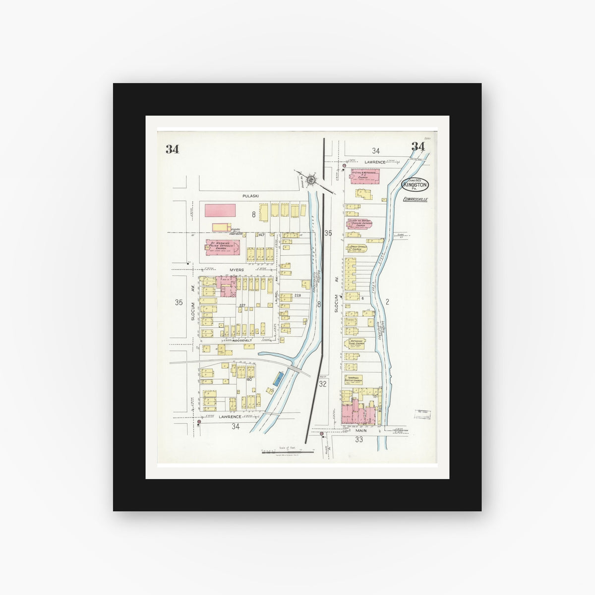 Old map wall art mockup — black gallery frame with white mat — Sanborn Fire Insurance Map from Kingston, Luzerne County, Pennsylvania (1925), Sheet #0034