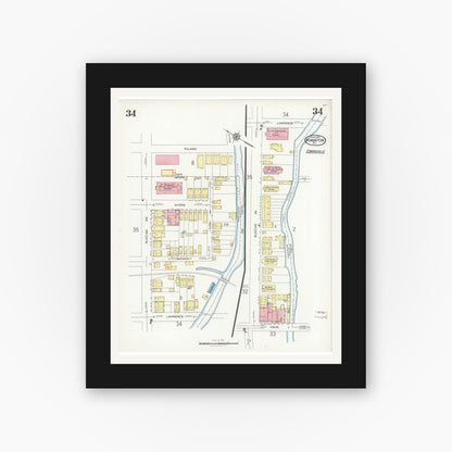 Old map wall art mockup — black gallery frame with white mat — Sanborn Fire Insurance Map from Kingston, Luzerne County, Pennsylvania (1925), Sheet #0034