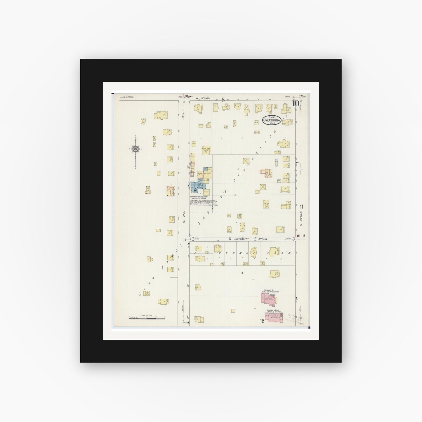 Old map wall art mockup — black gallery frame with white mat — Sanborn Fire Insurance Map from Owatonna, Steele County, Minnesota (1915), Sheet #0010
