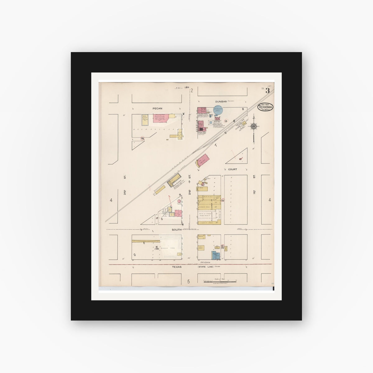 Old map wall art mockup — black gallery frame with white mat — Sanborn Fire Insurance Map from Texhoma, Texas County, Oklahoma and Sherman County, Texas, Texas (1930), Sheet #0003
