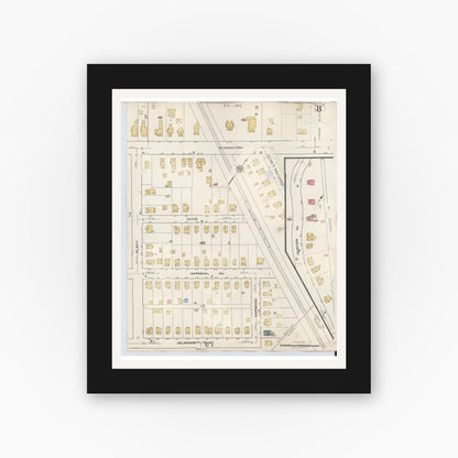 Old map wall art mockup — black gallery frame with white mat — Sanborn Fire Insurance Map from Painted Post, Steuben County, New York (1943), Sheet #0008