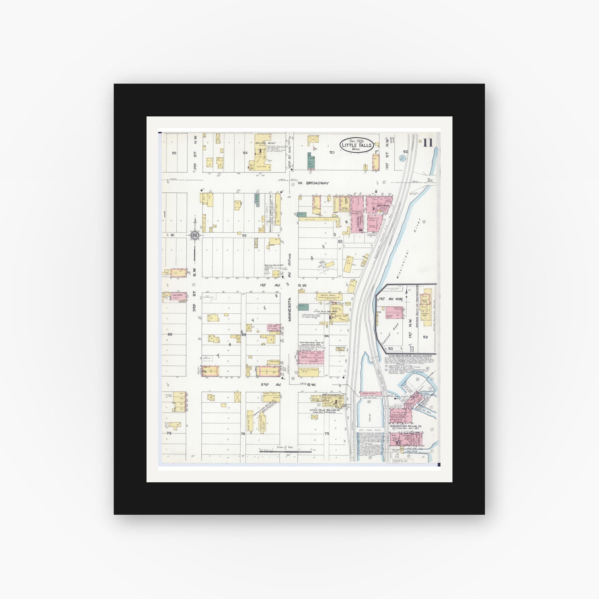 Old map wall art mockup — black gallery frame with white mat — Sanborn Fire Insurance Map from Little Falls, Morrison County, Minnesota (1909), Sheet #0011