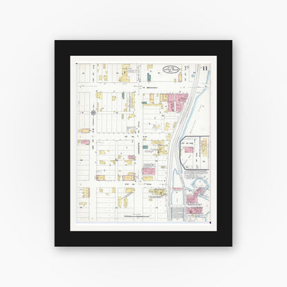 Old map wall art mockup — black gallery frame with white mat — Sanborn Fire Insurance Map from Little Falls, Morrison County, Minnesota (1909), Sheet #0011