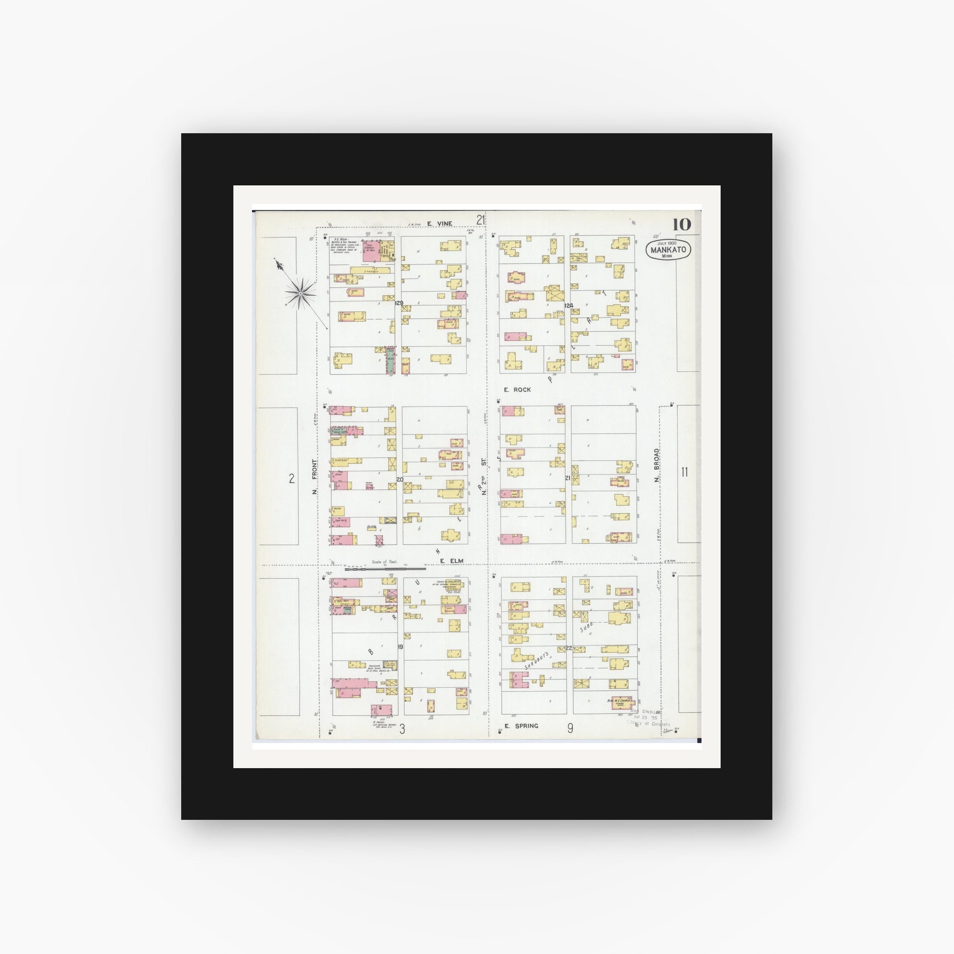 Old map wall art mockup — black gallery frame with white mat — Sanborn Fire Insurance Map from Mankato, Blue Earth County, Minnesota (1900), Sheet #0010