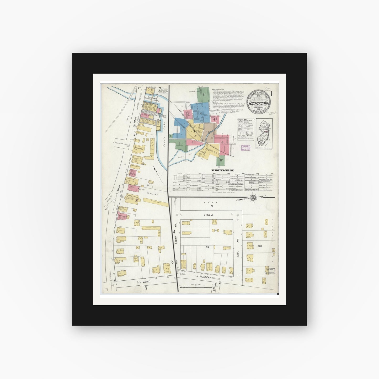 Old map wall art mockup — black gallery frame with white mat — Sanborn Fire Insurance Map from Hightstown, Mercer County, New Jersey (1916), Sheet #0001