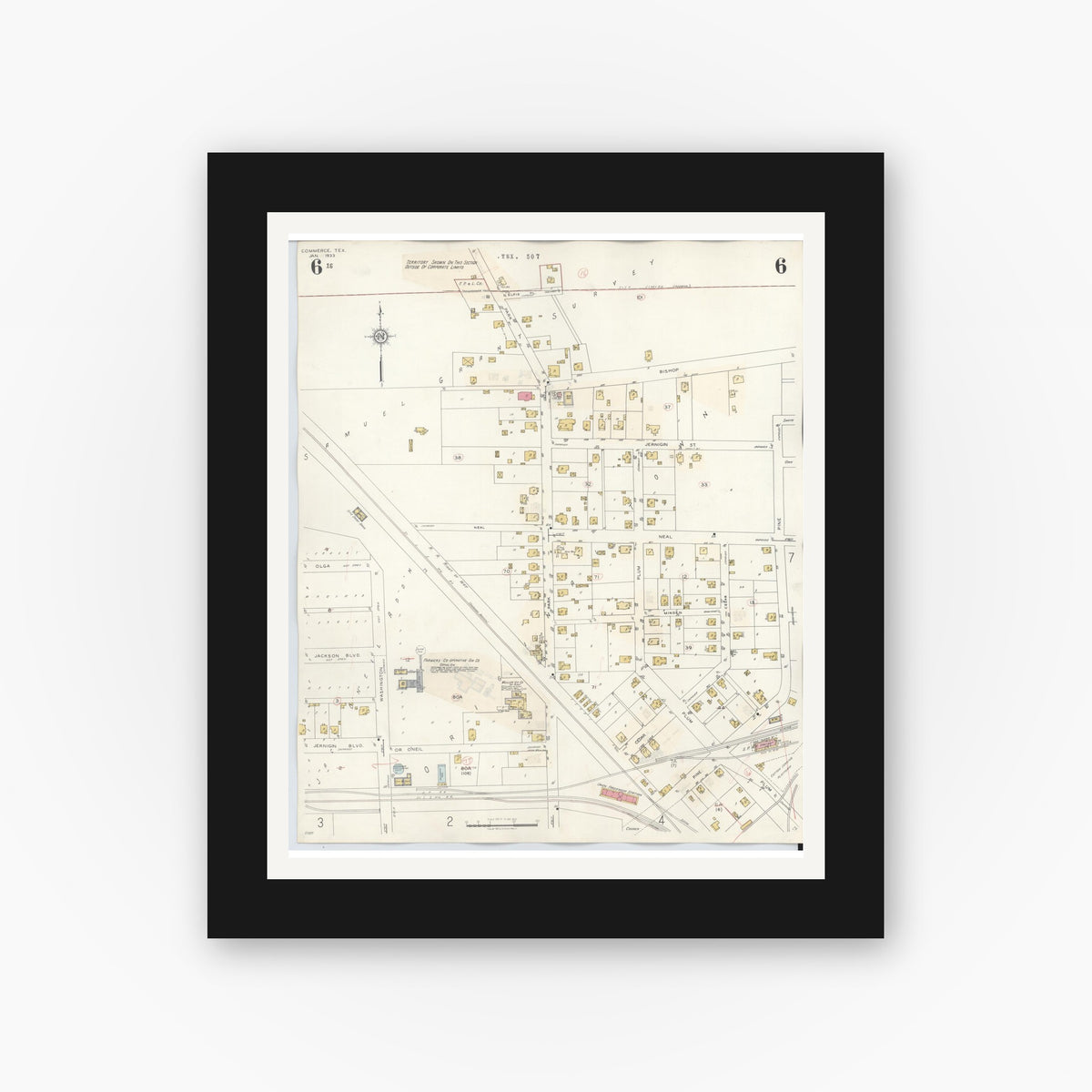 Old map wall art mockup — black gallery frame with white mat — Sanborn Fire Insurance Map from Commerce, Hunt County, Texas (1940), Sheet #0006