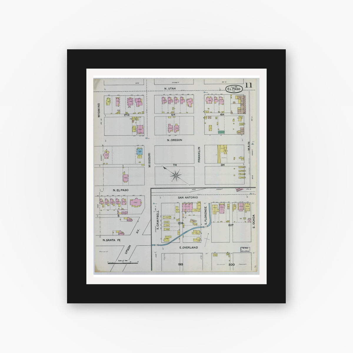 Old map wall art mockup — black gallery frame with white mat — Sanborn Fire Insurance Map from El Paso, El Paso County, Texas (1888), Sheet #0011