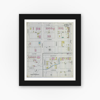 Old map wall art mockup — black gallery frame with white mat — Sanborn Fire Insurance Map from El Paso, El Paso County, Texas (1888), Sheet #0011