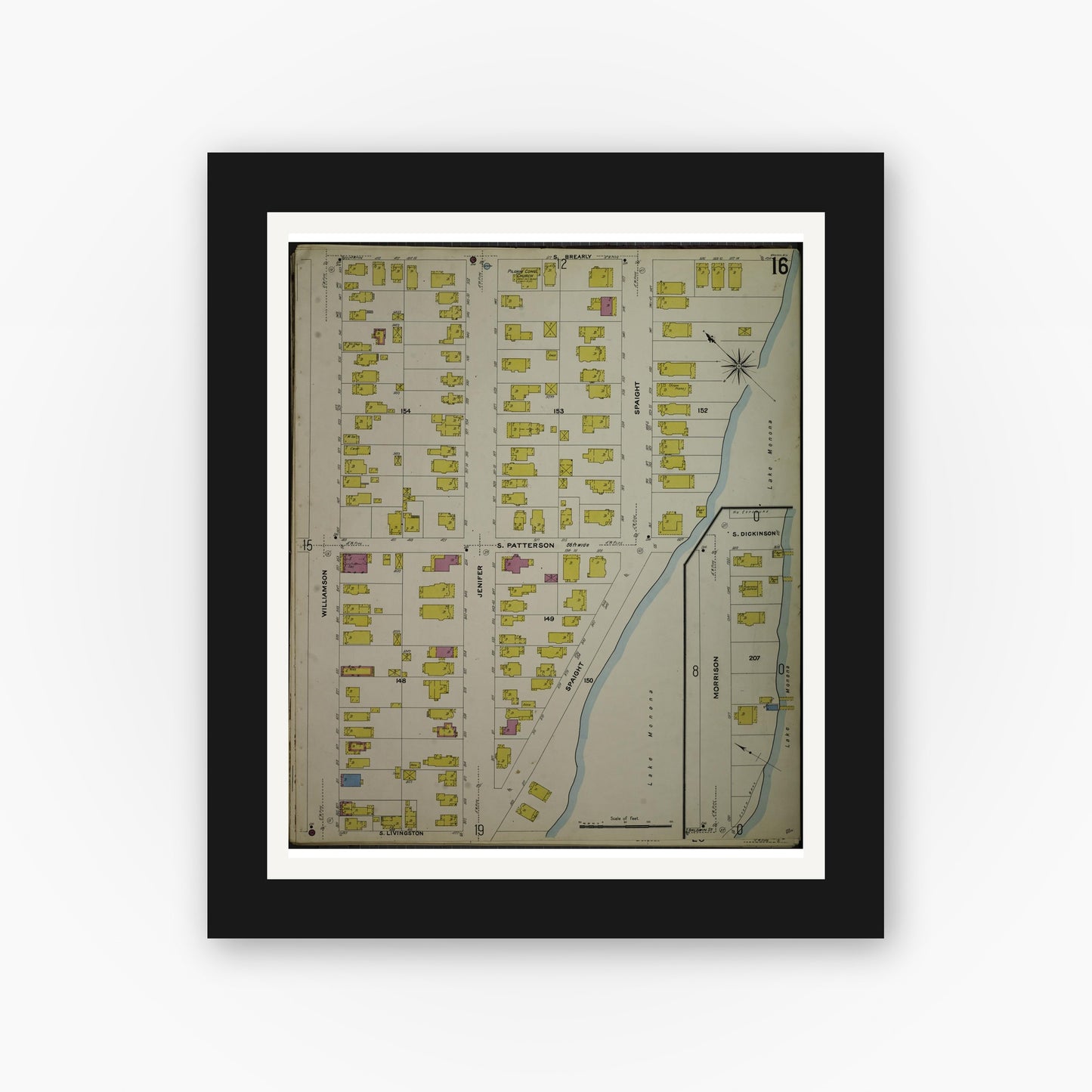 Old map wall art mockup — black gallery frame with white mat — Sanborn Fire Insurance Map from Madison, Dane County, Wisconsin (1908), Sheet #0016