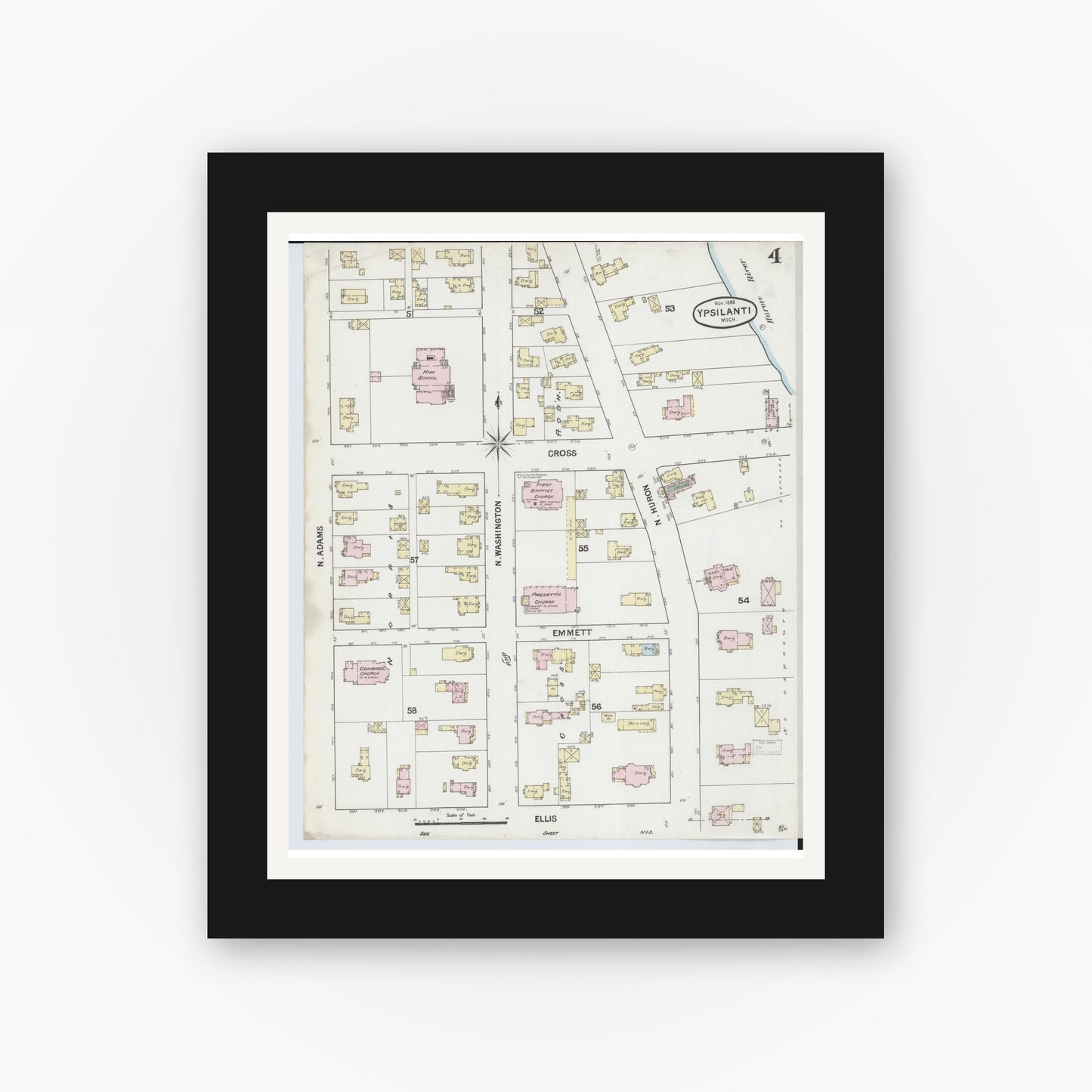 Old map wall art mockup — black gallery frame with white mat — Sanborn Fire Insurance Map from Ypsilanti, Washtenaw County, Michigan (1888), Sheet #0004