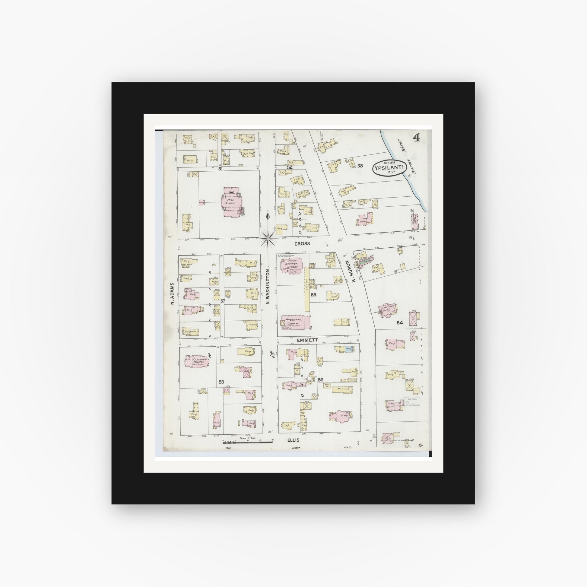 Old map wall art mockup — black gallery frame with white mat — Sanborn Fire Insurance Map from Ypsilanti, Washtenaw County, Michigan (1888), Sheet #0004