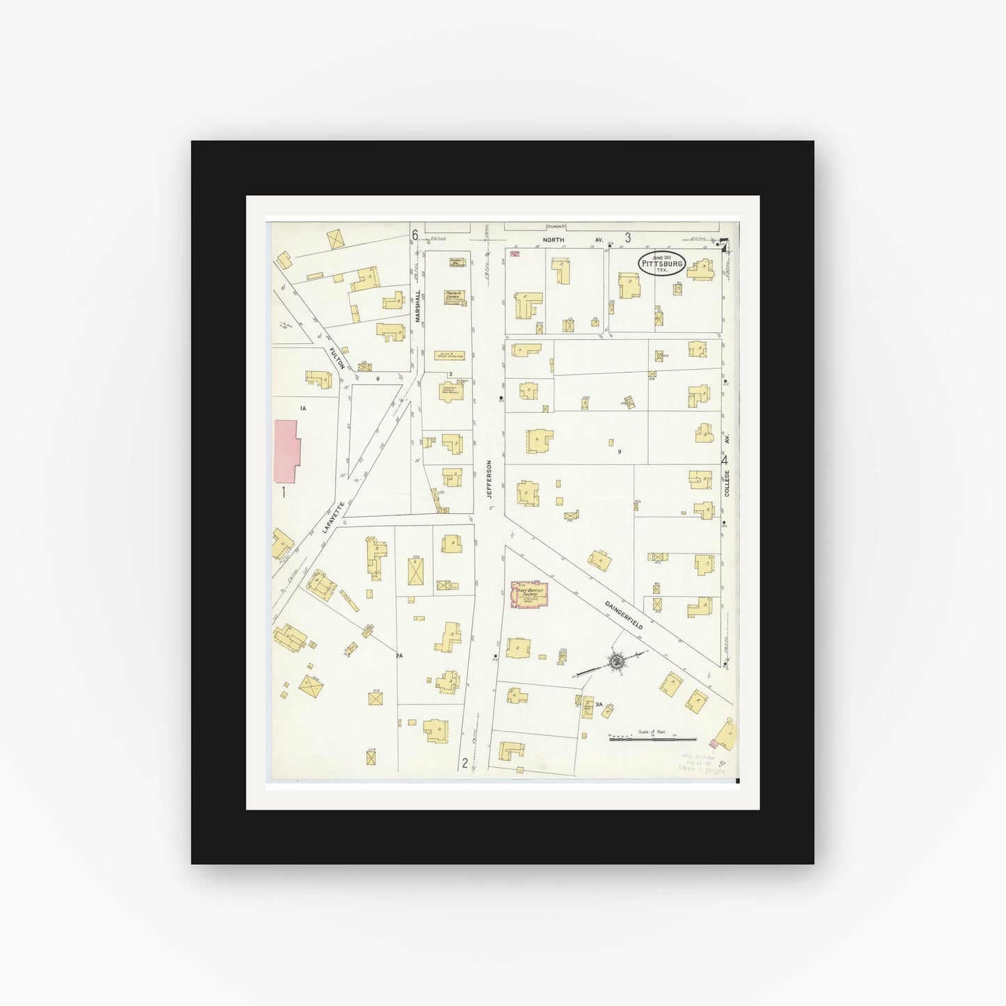 Old map wall art mockup — black gallery frame with white mat — Sanborn Fire Insurance Map from Pittsburg, Camp County, Texas (1911), Sheet #0007