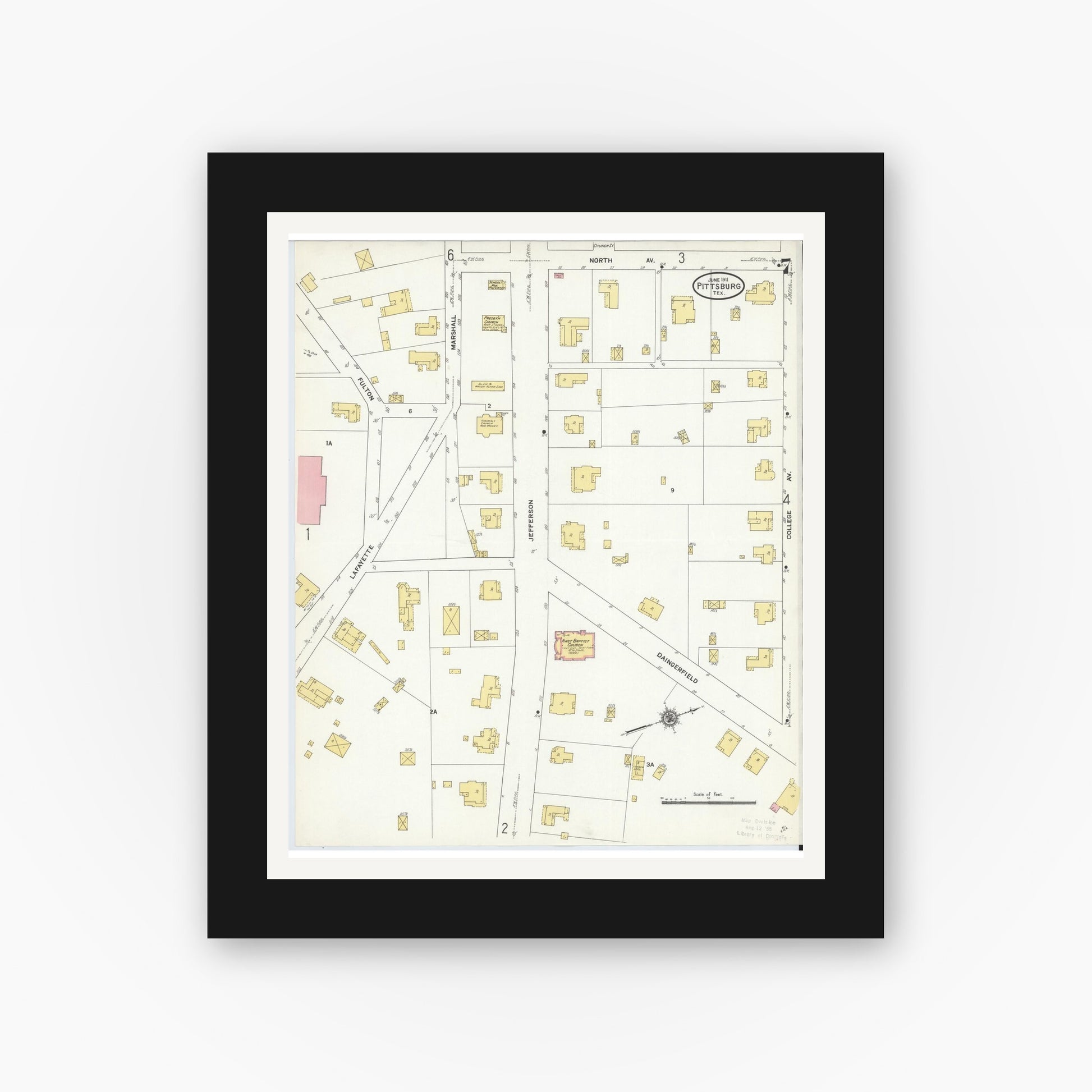 Old map wall art mockup — black gallery frame with white mat — Sanborn Fire Insurance Map from Pittsburg, Camp County, Texas (1911), Sheet #0007