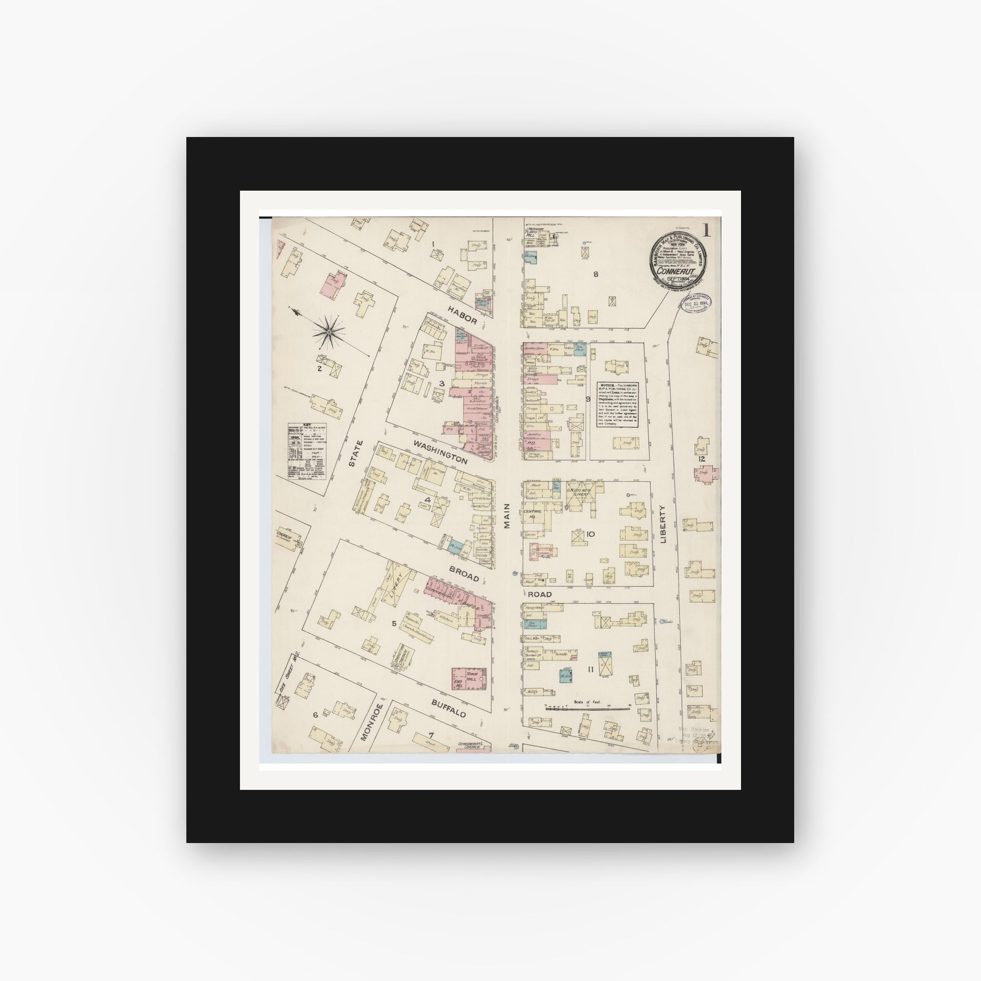 Old map wall art mockup — black gallery frame with white mat — Sanborn Fire Insurance Map from Conneaut, Ashtabula County, Ohio (1884), Sheet #0001