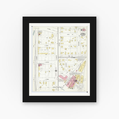 Old map wall art mockup — black gallery frame with white mat — Sanborn Fire Insurance Map from Hastings, Barry County, Michigan (1909), Sheet #0008