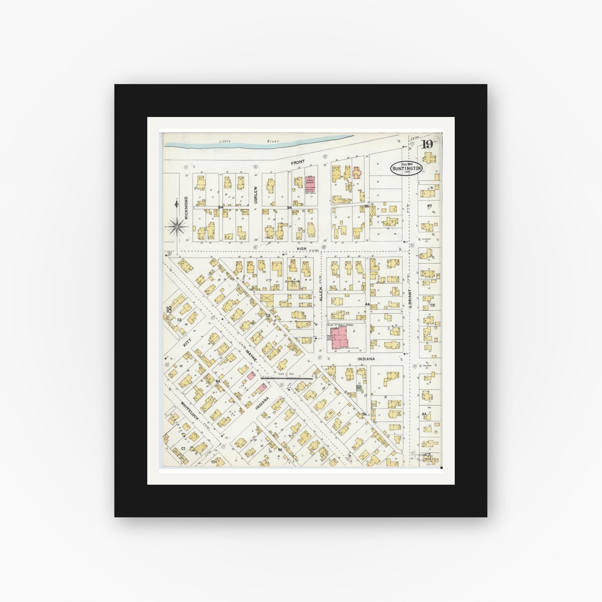 Old map wall art mockup — black gallery frame with white mat — Sanborn Fire Insurance Map from Huntington, Huntington County, Indiana (1904), Sheet #0019