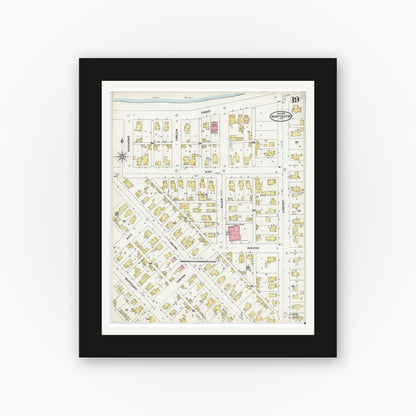 Old map wall art mockup — black gallery frame with white mat — Sanborn Fire Insurance Map from Huntington, Huntington County, Indiana (1904), Sheet #0019