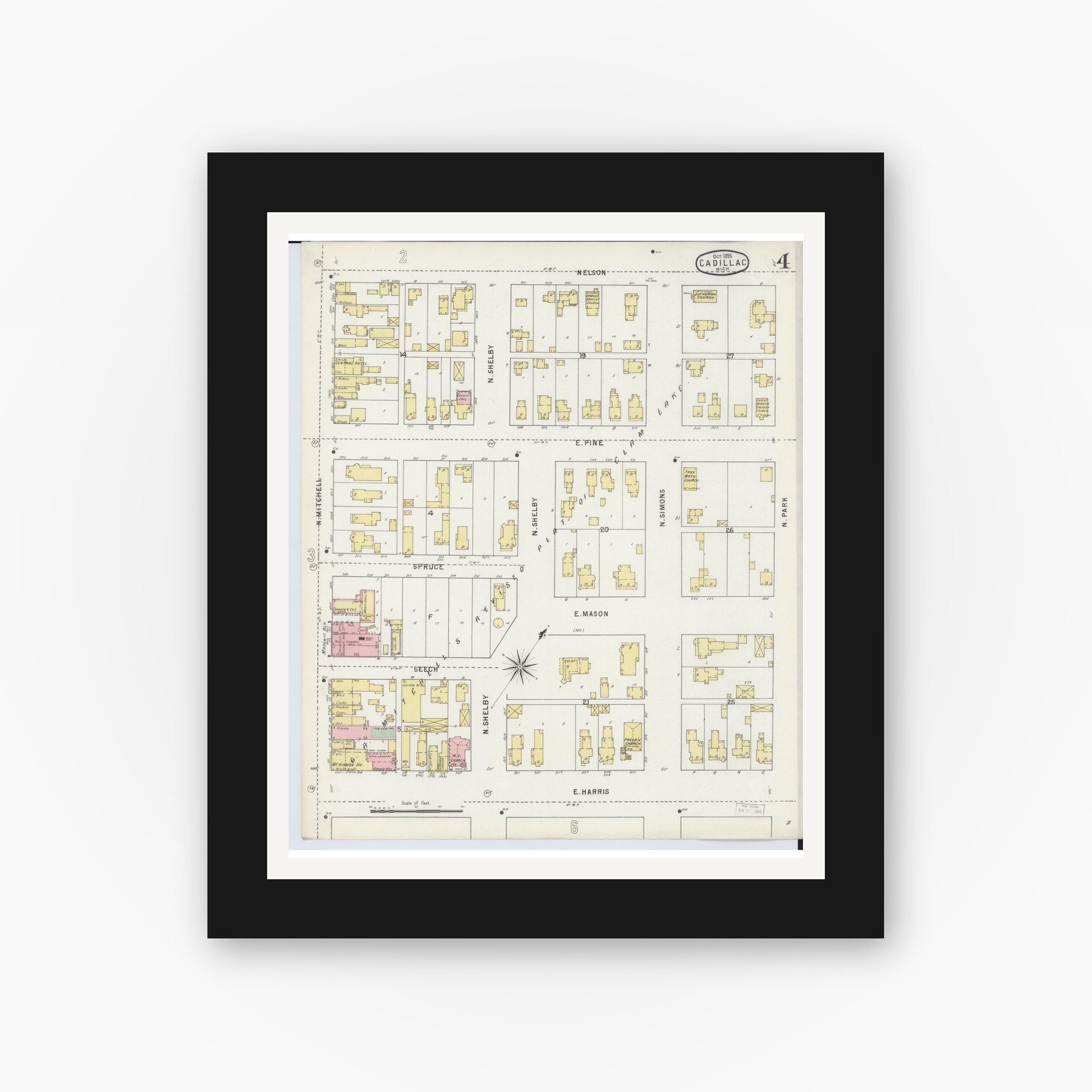 Old map wall art mockup — black gallery frame with white mat — Sanborn Fire Insurance Map from Cadillac, Wexford County, Michigan (1895), Sheet #0004