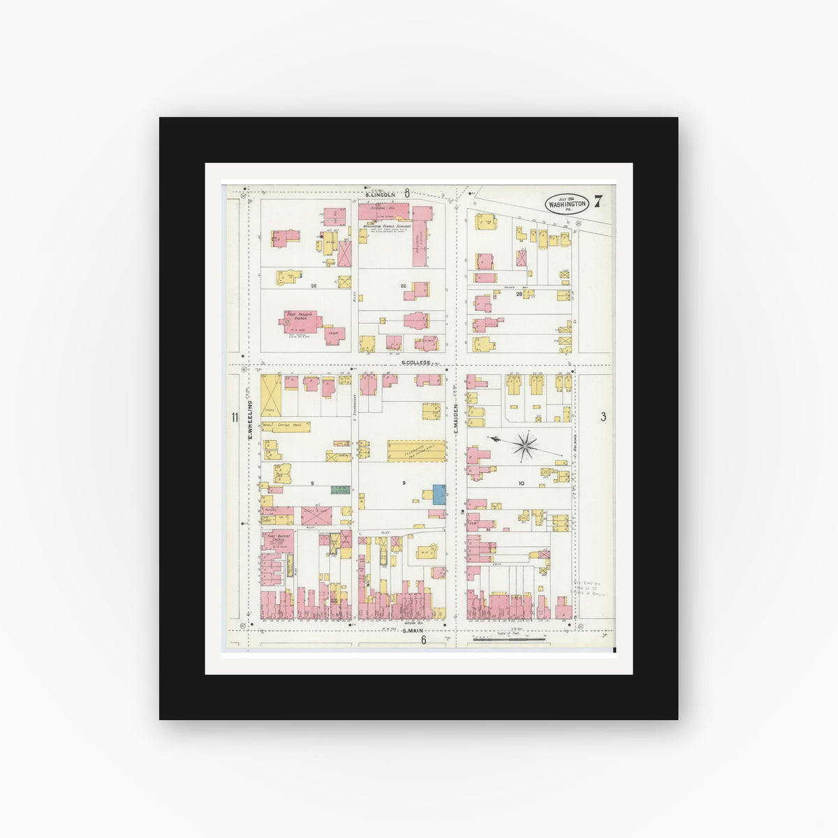Old map wall art mockup — black gallery frame with white mat — Sanborn Fire Insurance Map from Washington, Washington County, Pennsylvania (1904), Sheet #0007