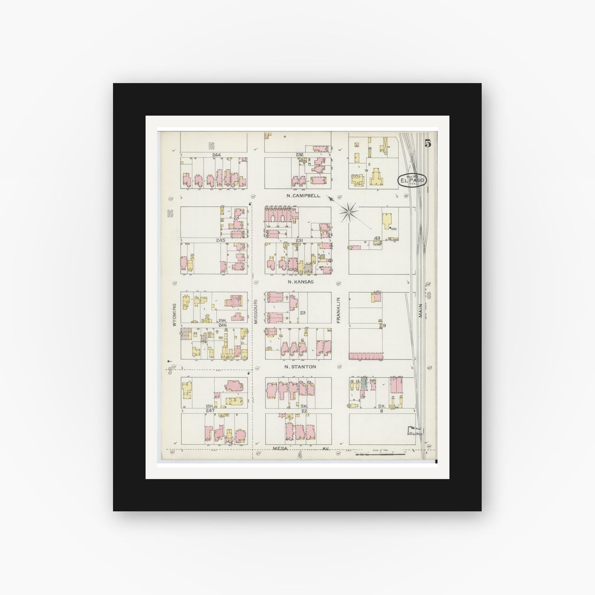 Old map wall art mockup — black gallery frame with white mat — Sanborn Fire Insurance Map from El Paso, El Paso County, Texas (1893), Sheet #0005