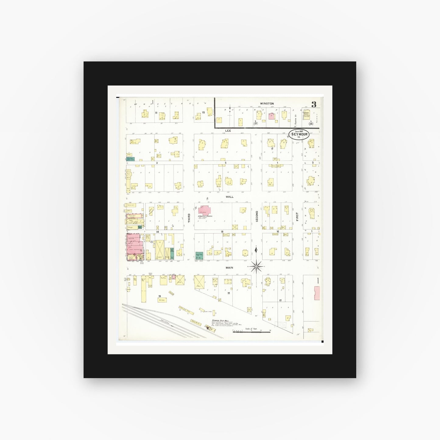 Old map wall art mockup — black gallery frame with white mat — Sanborn Fire Insurance Map from Seymour, Wayne County, Iowa (1907), Sheet #0003