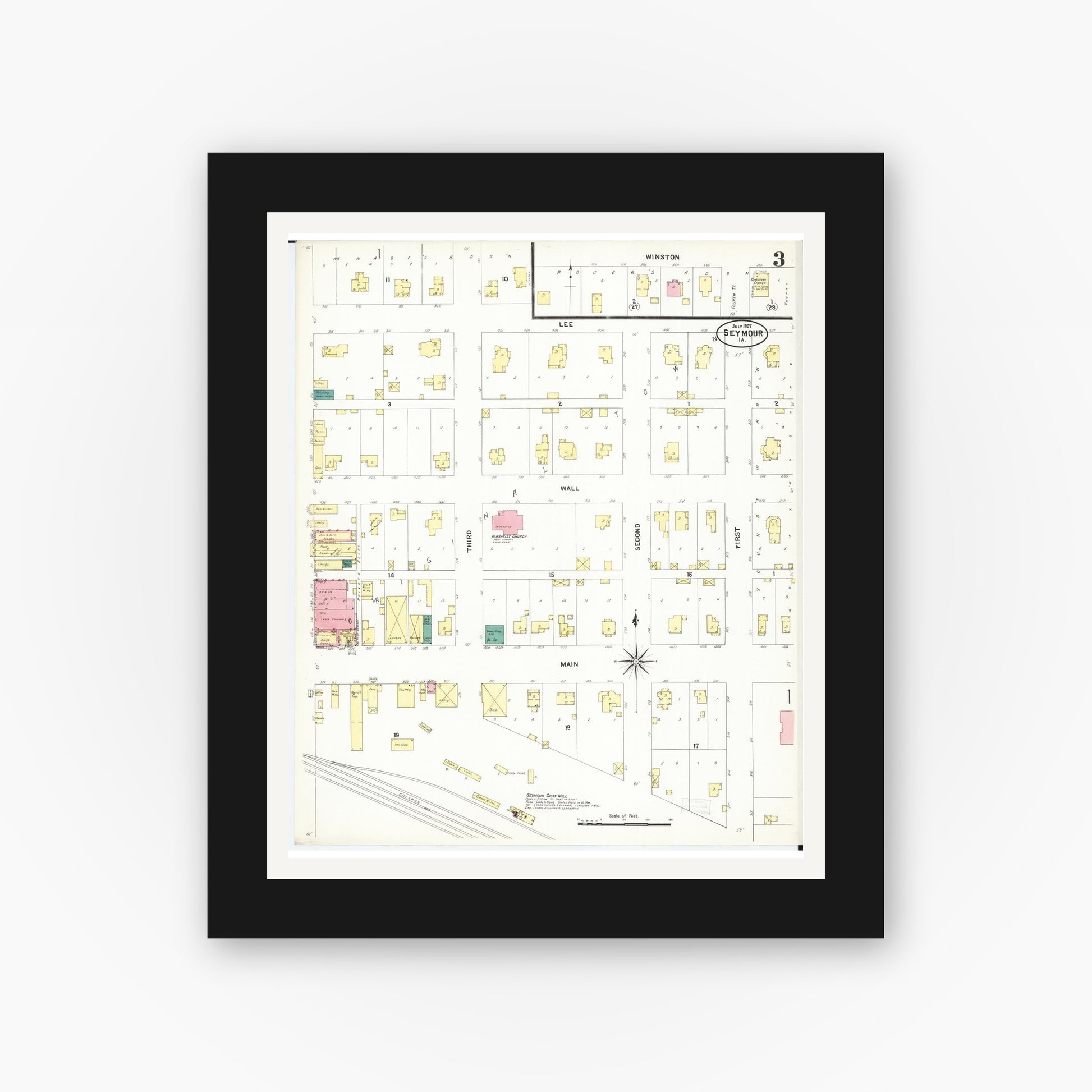 Old map wall art mockup — black gallery frame with white mat — Sanborn Fire Insurance Map from Seymour, Wayne County, Iowa (1907), Sheet #0003