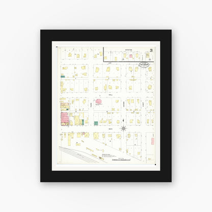 Old map wall art mockup — black gallery frame with white mat — Sanborn Fire Insurance Map from Seymour, Wayne County, Iowa (1907), Sheet #0003