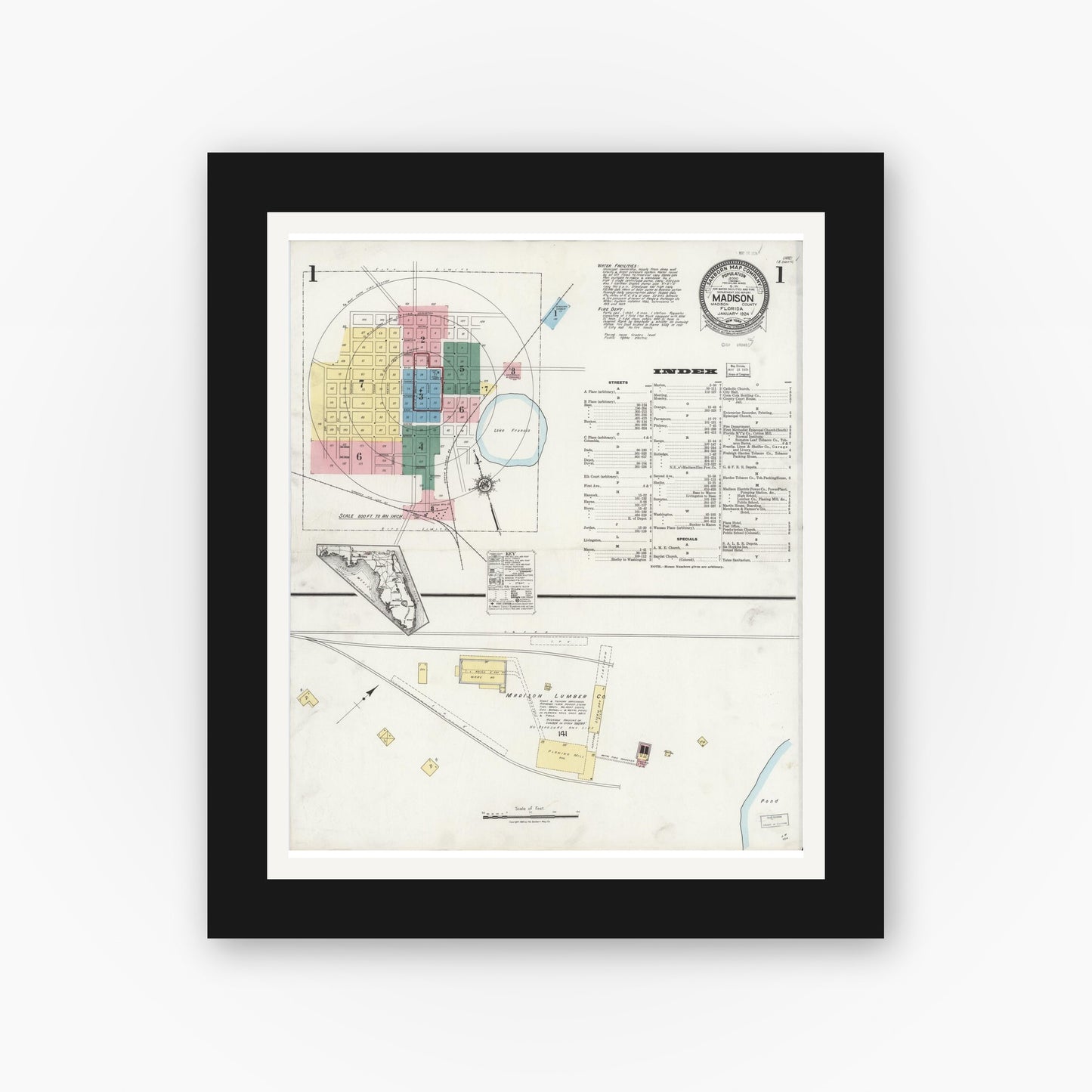 Old map wall art mockup — black gallery frame with white mat — Sanborn Fire Insurance Map from Madison, Madison County, Florida (1924), Sheet #0001