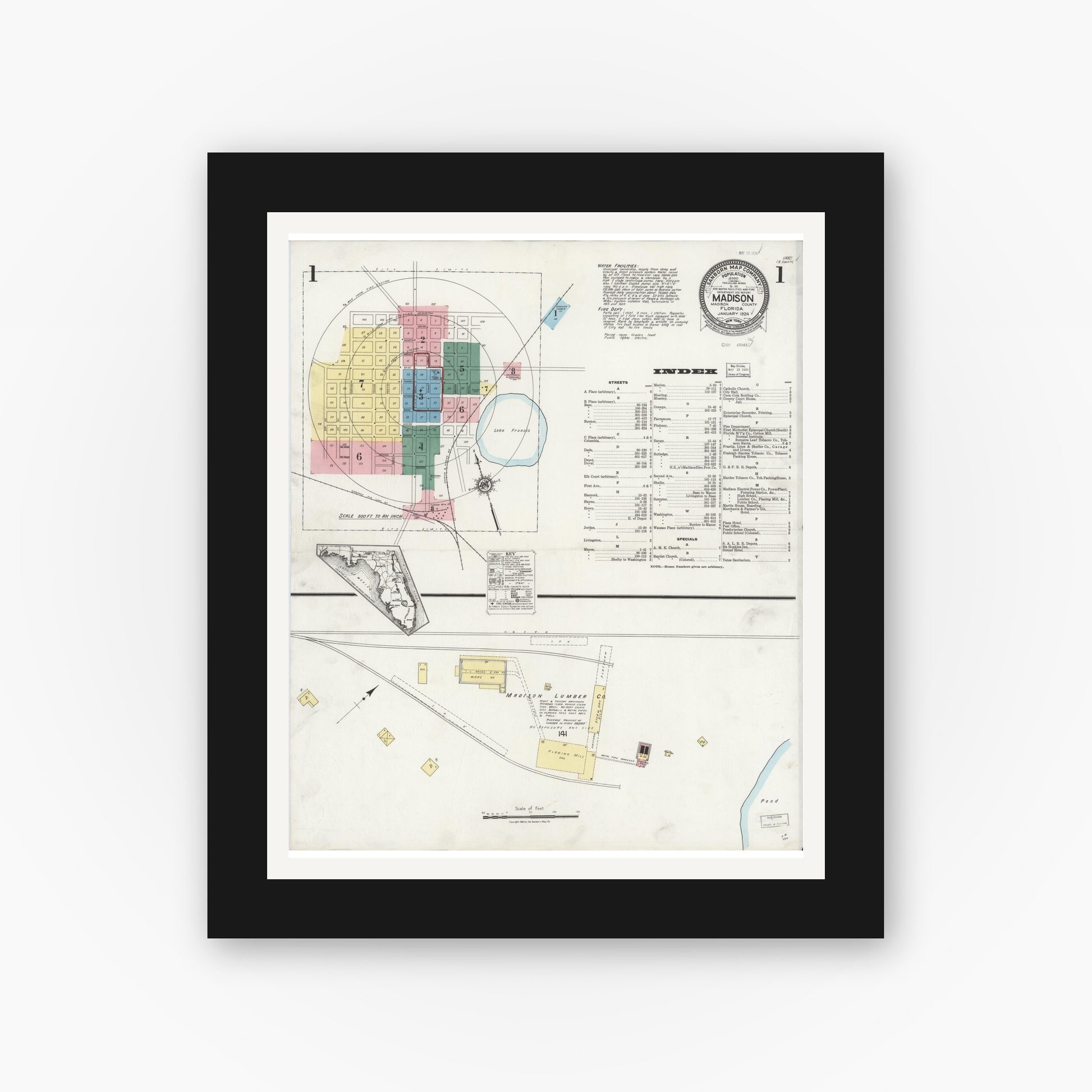 Old map wall art mockup — black gallery frame with white mat — Sanborn Fire Insurance Map from Madison, Madison County, Florida (1924), Sheet #0001