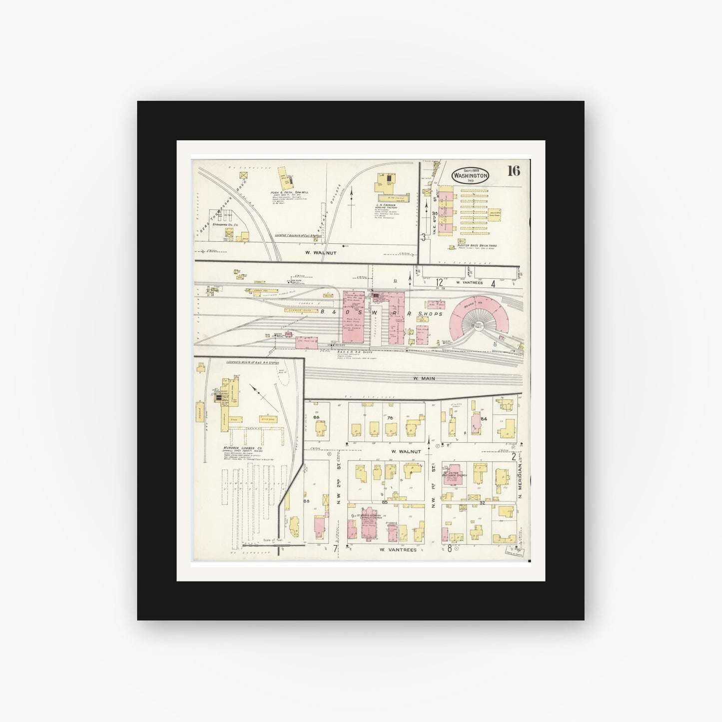 Old map wall art mockup — black gallery frame with white mat — Sanborn Fire Insurance Map from Washington, Daviess County, Indiana (1909), Sheet #0016