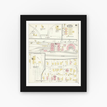 Old map wall art mockup — black gallery frame with white mat — Sanborn Fire Insurance Map from Washington, Daviess County, Indiana (1909), Sheet #0016